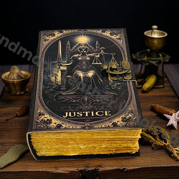 Justice Tarot Leather Journal | Handmade Grimoire with Lock