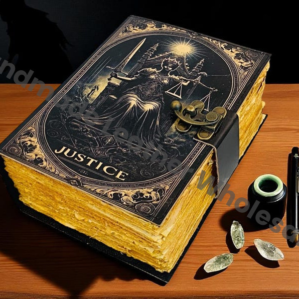 Justice Tarot Leather Journal | Handmade Grimoire with Lock
