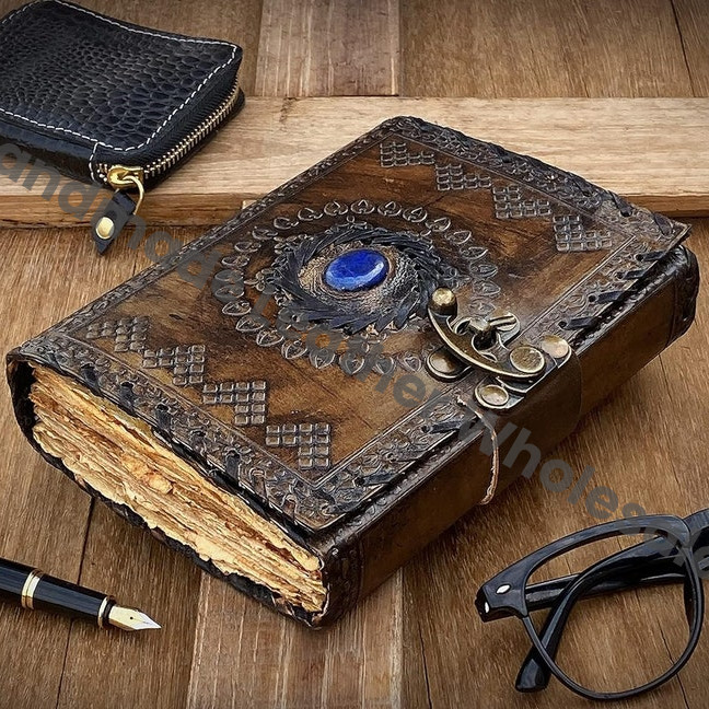Lapis Lazuli Stone Leather Journal - Embossed Book of Shadows