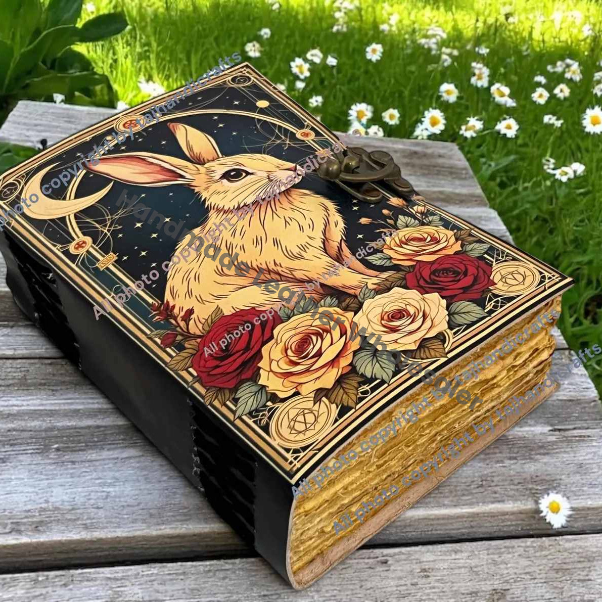 Large Easter Bunny Rabbit Vintage Handmade leather Journal, Grimoire Fat journal Blank spell book of shadows Christmas Gift Him Her