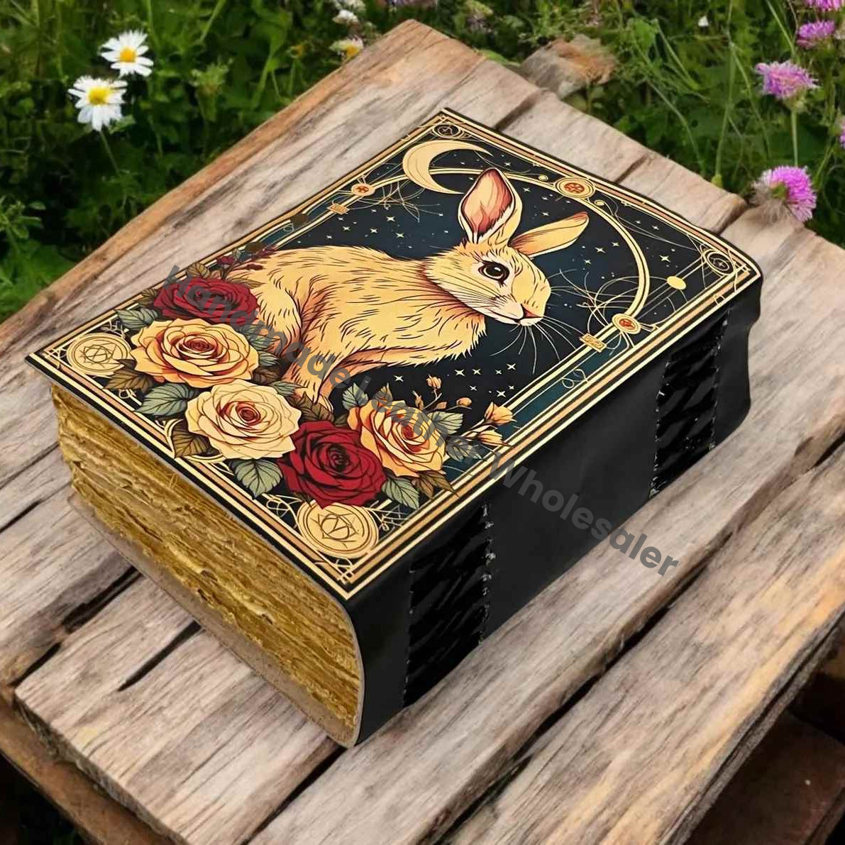 Large Easter Bunny Rabbit Vintage Handmade leather Journal, Grimoire Fat journal Blank spell book of shadows Christmas Gift Him Her