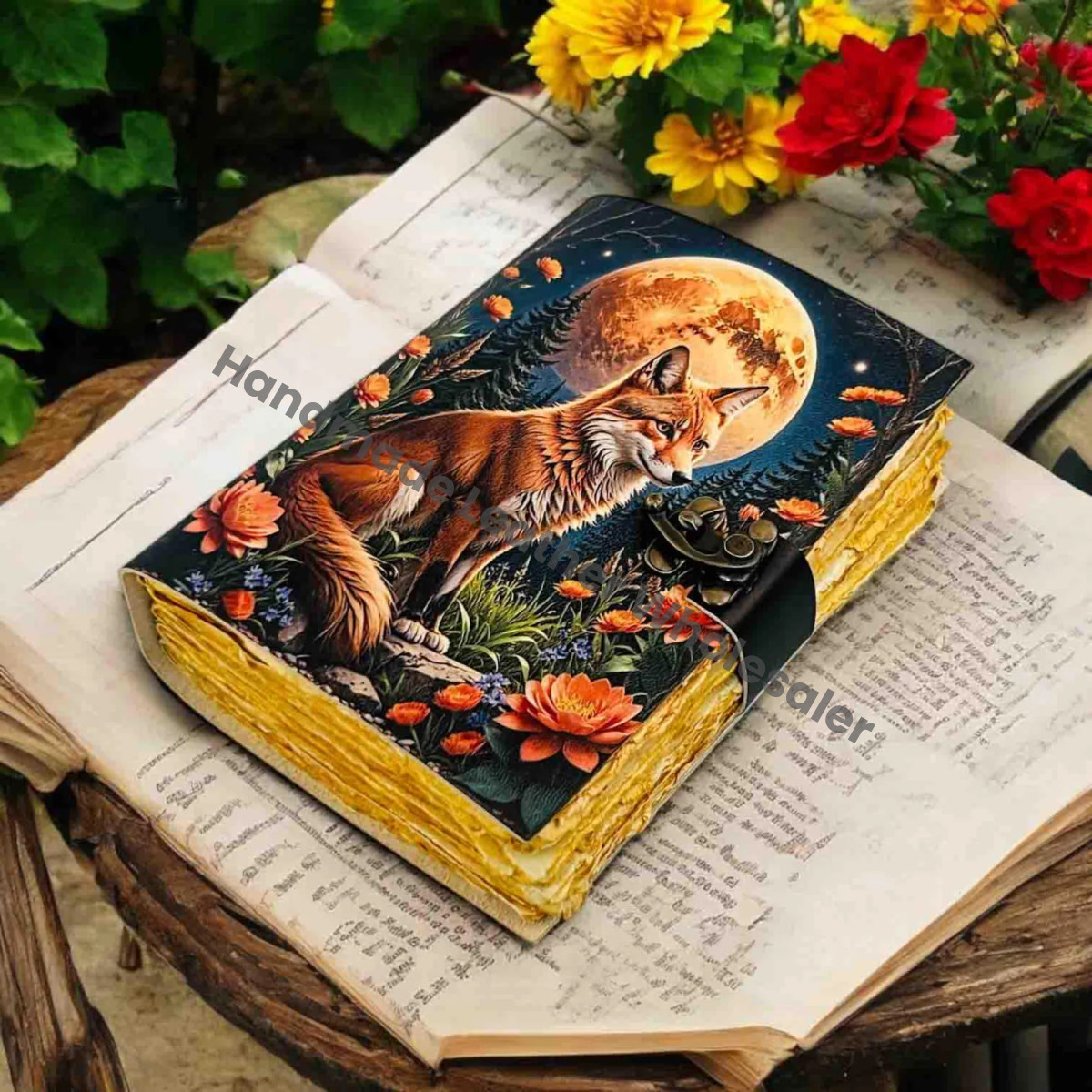 Large Grimoire Fox Leather Journal Notebook Blank Spell book of shadows journal