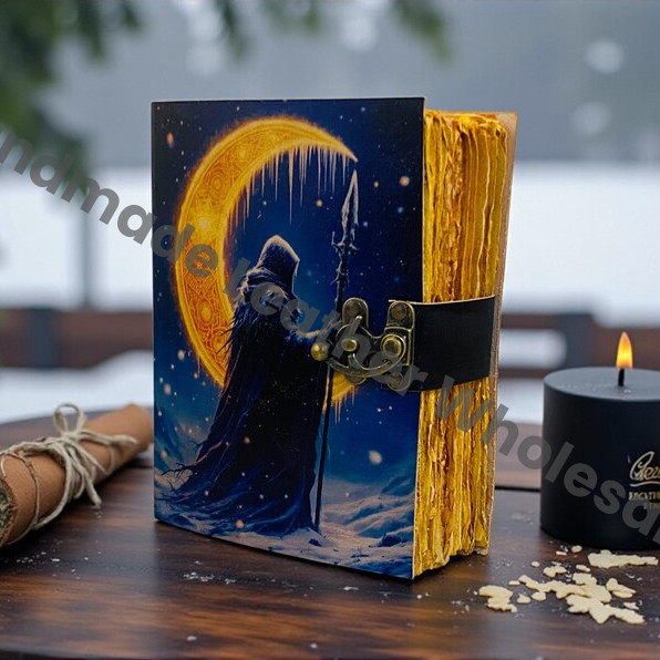 large Grimoire Handmade Leather Notebook – Crescent Mage Gothic Spell Antique deckle page