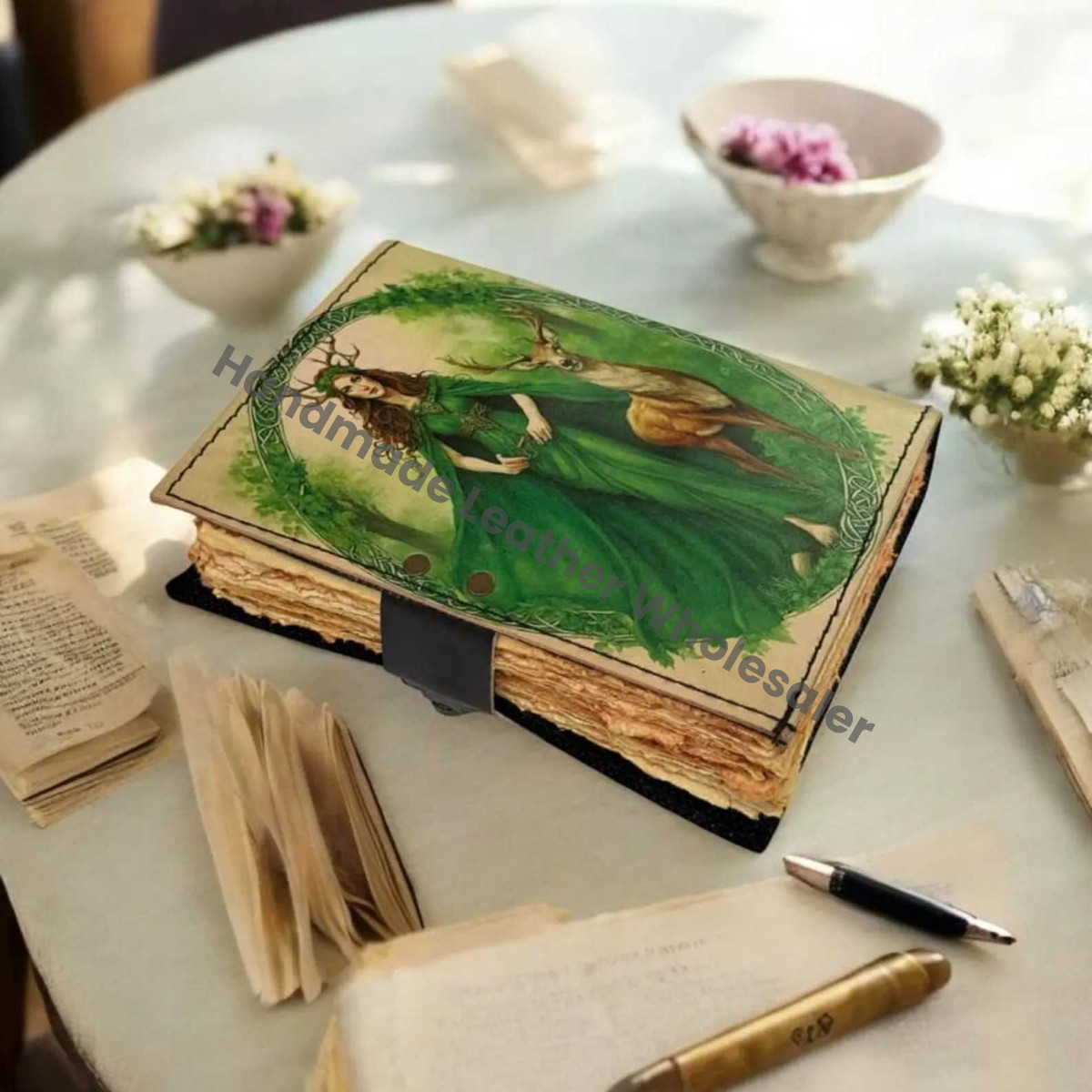 Large Grimoire leather journal • Fairy books Printed Blank spell book of shadows