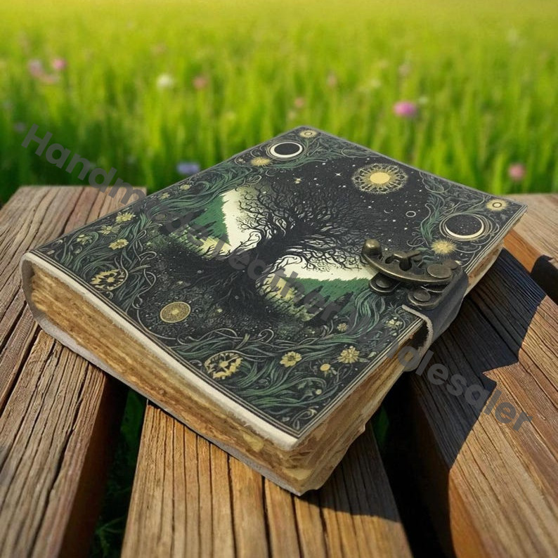 Large Grimoire leather journal, Print Tree of Life Journal, Blank spell book book of shadows Leather Celestial Gifts For Him Her.