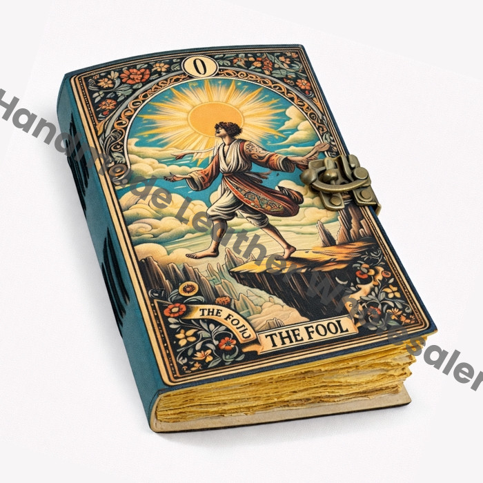 large grimoire Tarot Leather Journal – The Fool Handmade Spell Book, Antique page