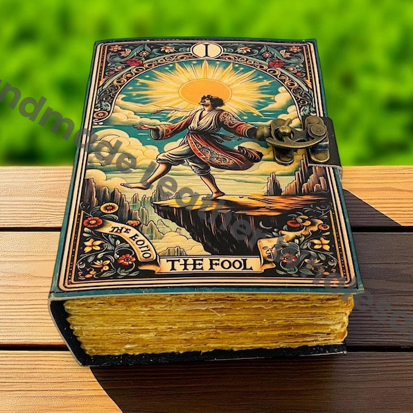 large grimoire Tarot Leather Journal – The Fool Handmade Spell Book, Antique page