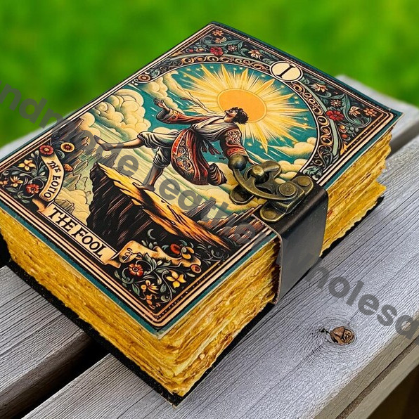 large grimoire Tarot Leather Journal – The Fool Handmade Spell Book, Antique page