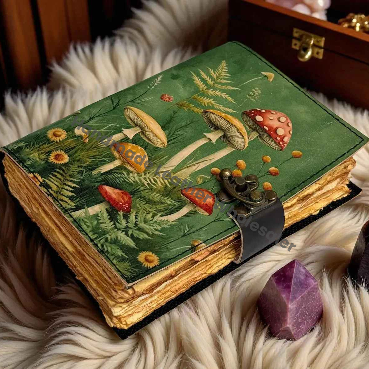 Large Grimoire Vintage Mushroom leather journal, Handmade Antique Deckle Edge Paper Spell