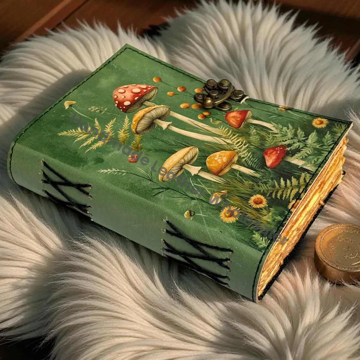 Large Grimoire Vintage Mushroom leather journal, Handmade Antique Deckle Edge Paper Spell