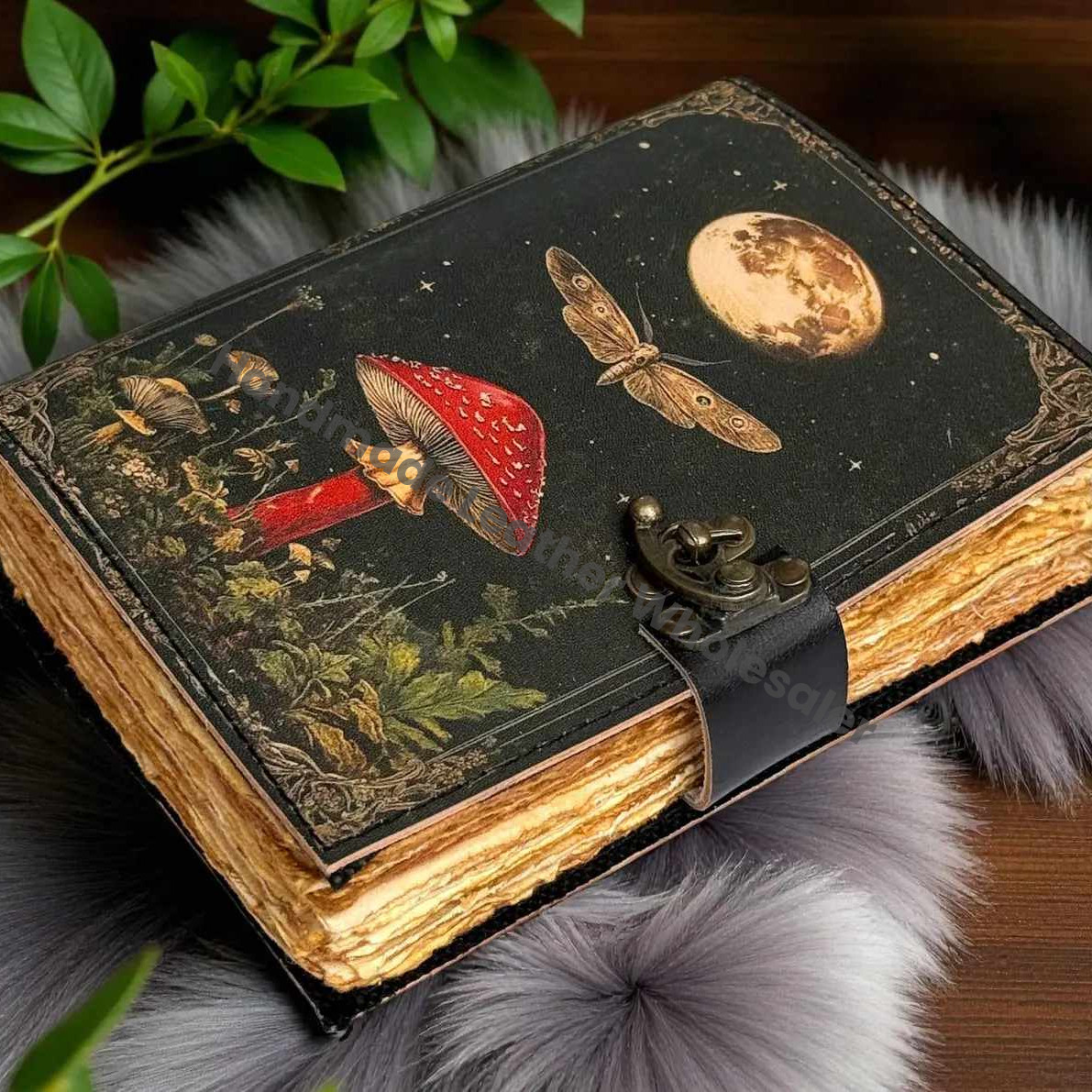 Large Grimoire Vintage Mushroom leather journal, Handmade Antique Deckle Edge Paper Spell
