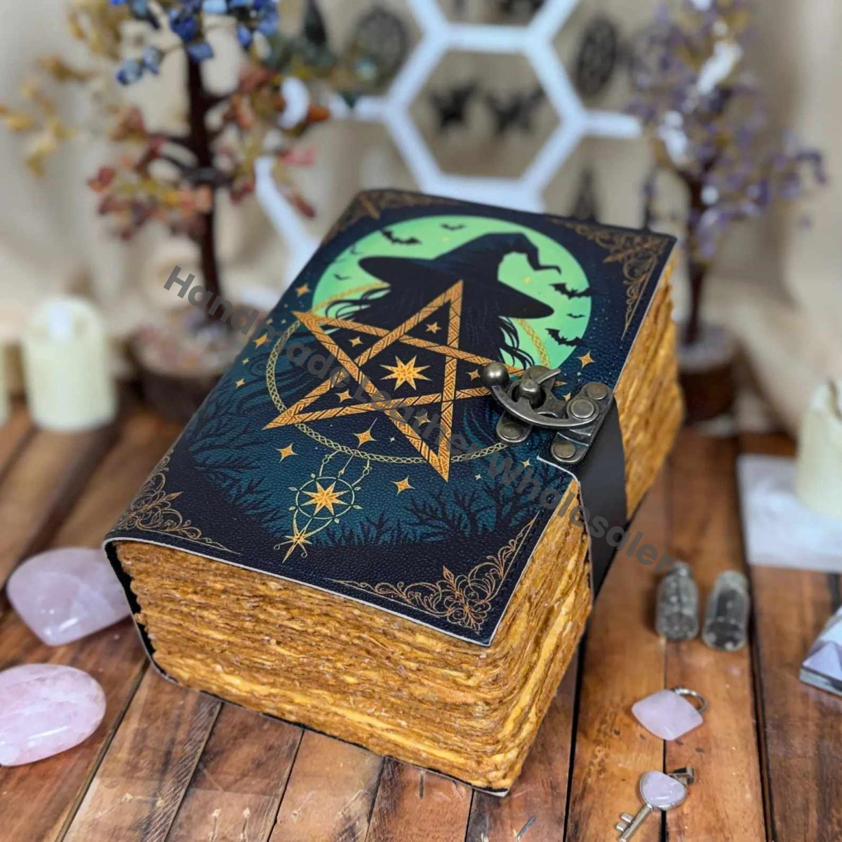 Large Grimoire Vintage Witch Moon leather journal, Handmade Antique Deckle Edge Paper Spell Book of Shadows Journal for gifts