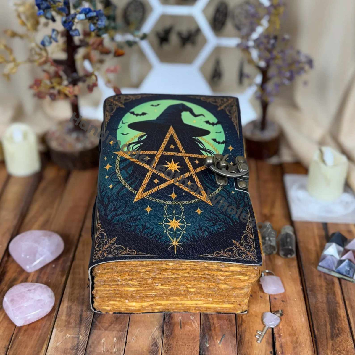 Large Grimoire Vintage Witch Moon leather journal, Handmade Antique Deckle Edge Paper Spell Book of Shadows Journal for gifts