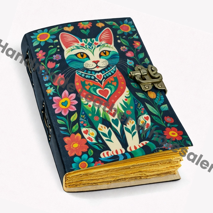 Large Leather Cat Journal, Vintage Grimoire, Blank Book of Shadows