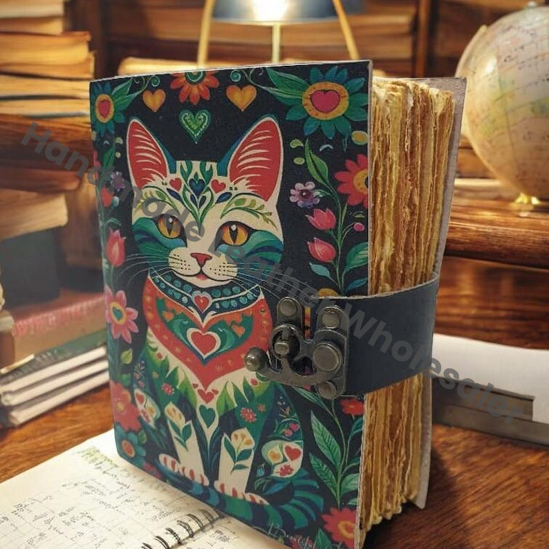 Large Leather Cat Journal, Vintage Grimoire, Blank Book of Shadows