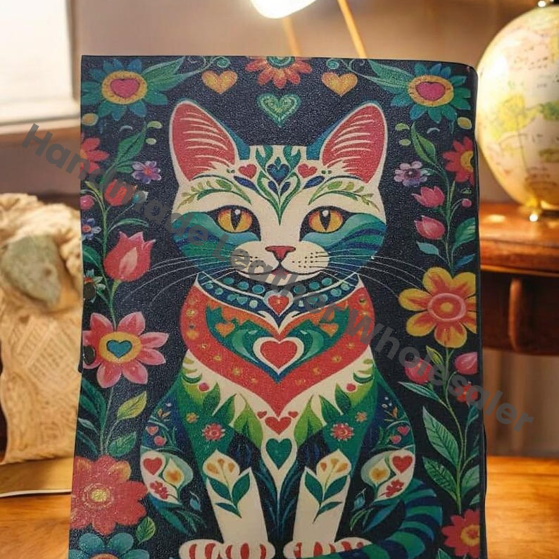 Large Leather Cat Journal, Vintage Grimoire, Blank Book of Shadows