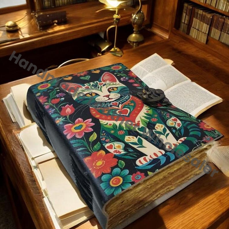 Large Leather Cat Journal, Vintage Grimoire, Blank Book of Shadows