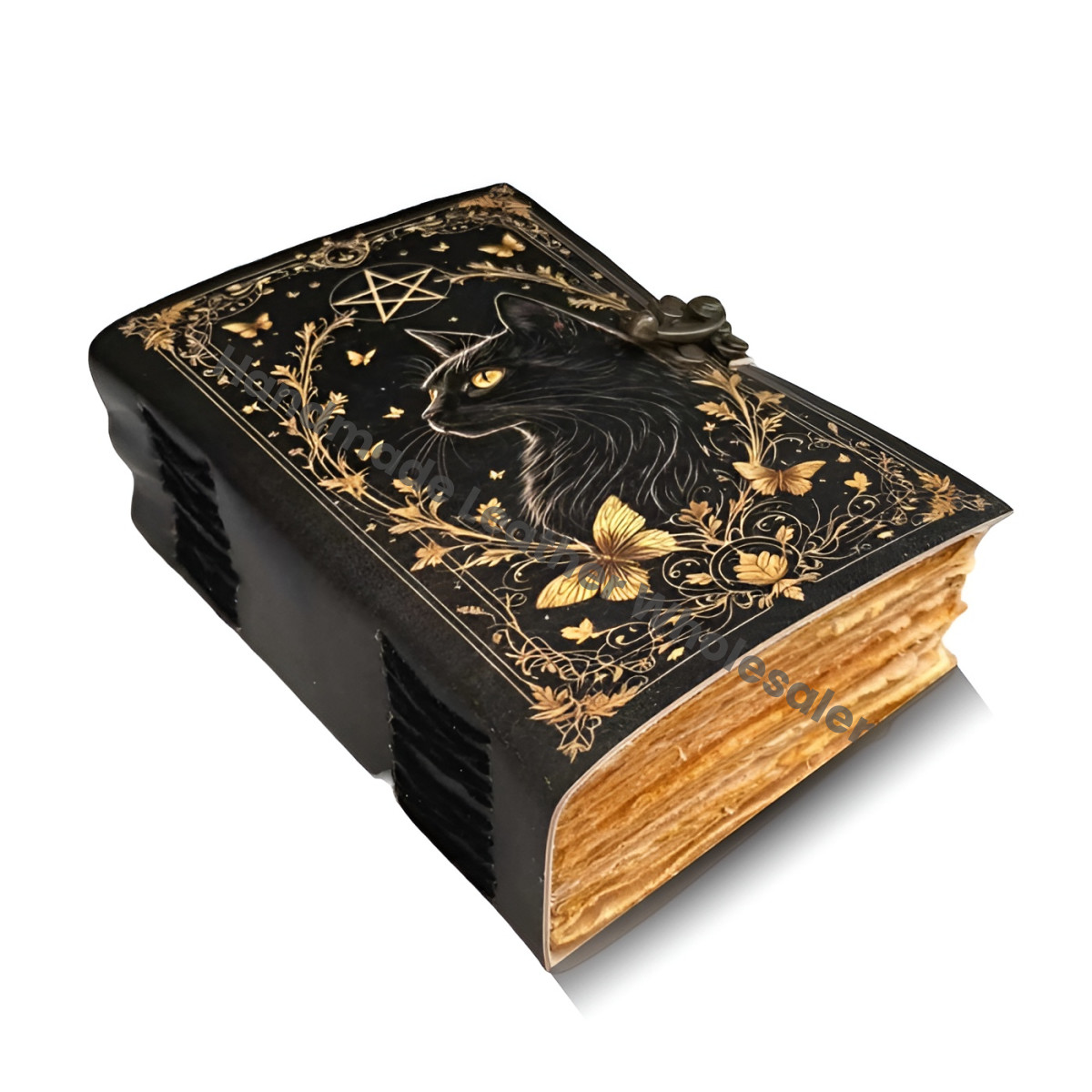 Large Leather Grimoire Journal: Cat Print Spell Book of Shadows