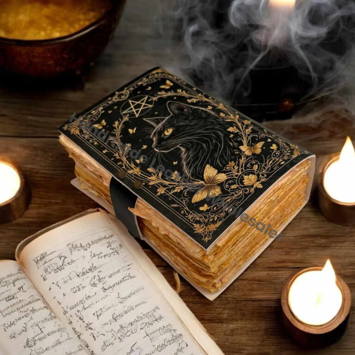 Large Leather Grimoire Journal: Cat Print Spell Book of Shadows