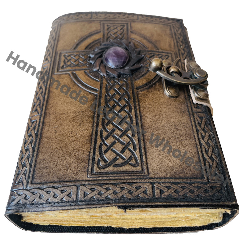 Large Leather Journal Notebook Handmade Embossed Cross Design Stone Writing Notebook Bound Daily for Men & Women Travel Diaries