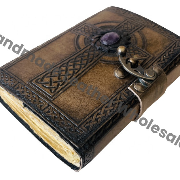 Large Leather Journal Notebook Handmade Embossed Cross Design Stone Writing Notebook Bound Daily for Men & Women Travel Diaries