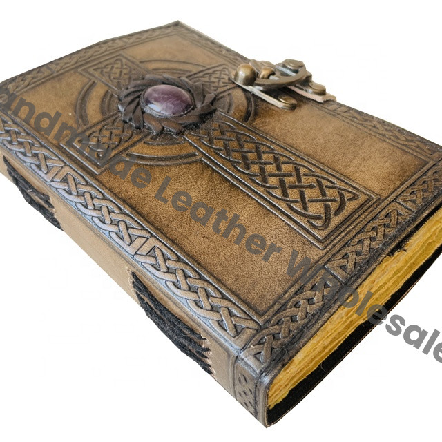 Large Leather Journal Notebook Handmade Embossed Cross Design Stone Writing Notebook Bound Daily for Men & Women Travel Diaries