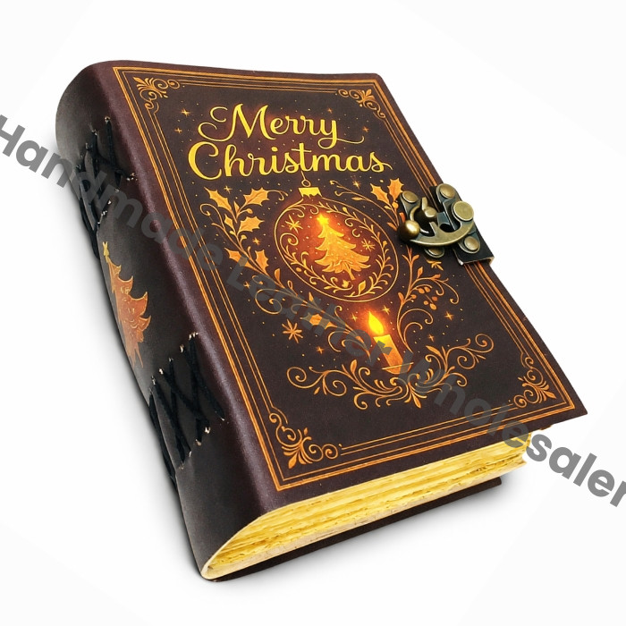 Large Leather “Merry Christmas” Journal – Vintage Handmade Notebook with Antique Lock | Gift Edition.