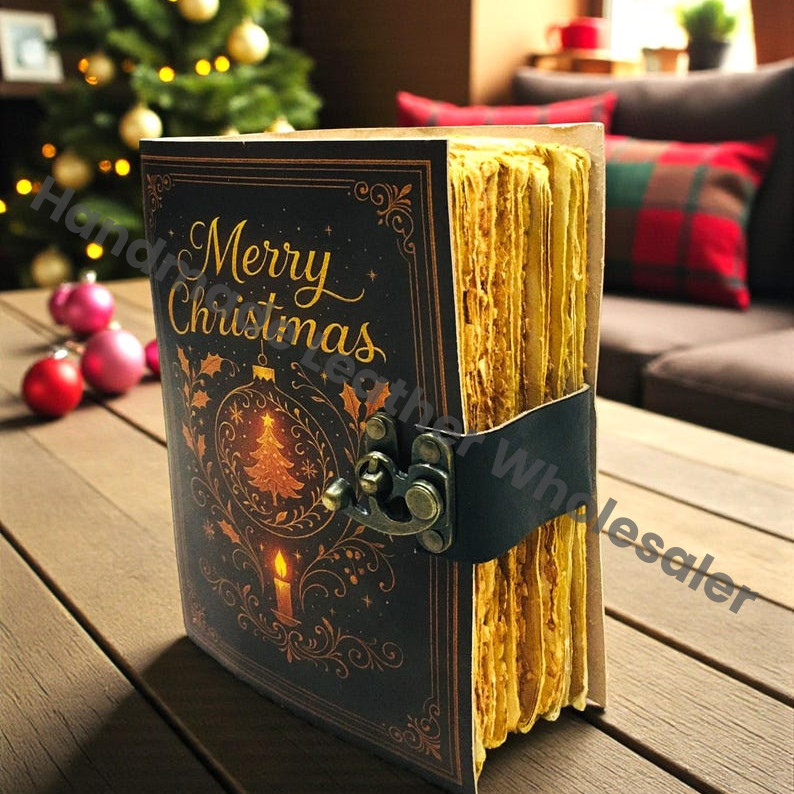 Large Leather “Merry Christmas” Journal – Vintage Handmade Notebook with Antique Lock | Gift Edition.