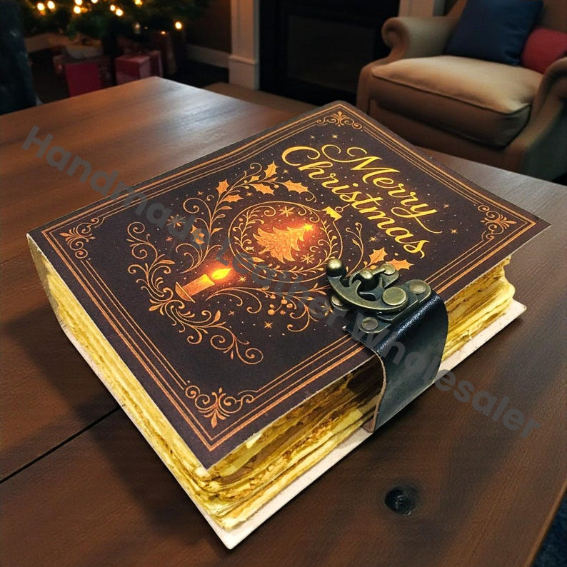 Large Leather “Merry Christmas” Journal – Vintage Handmade Notebook with Antique Lock | Gift Edition.