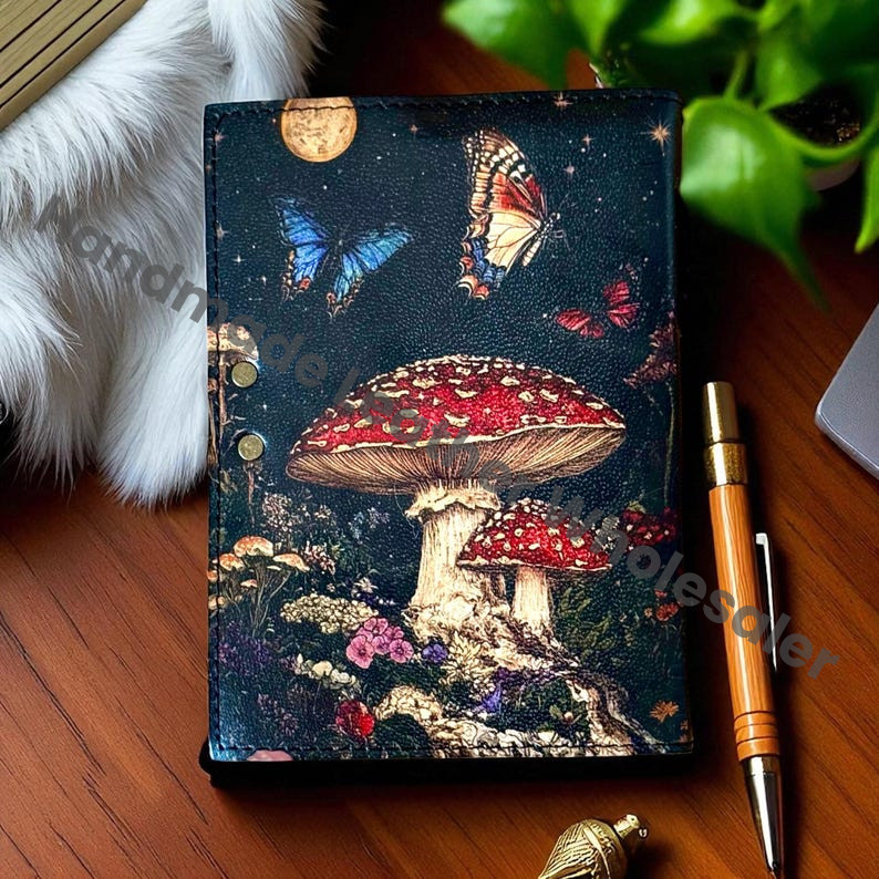 Large Mushroom Leather Grimoire – Book of Shadows, Witchcraft Spellbook, Wiccan Pagan Journal, Gothic Witchy Magic Gift