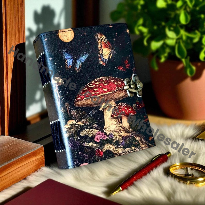 Large Mushroom Leather Grimoire – Book of Shadows, Witchcraft Spellbook, Wiccan Pagan Journal, Gothic Witchy Magic Gift
