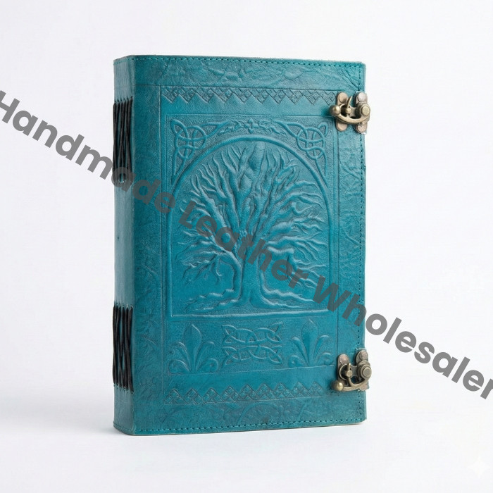 Large Tree of Life Leather Journal, Ocean Blue