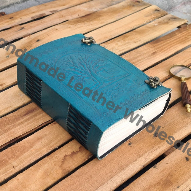 Large Tree of Life Leather Journal, Ocean Blue