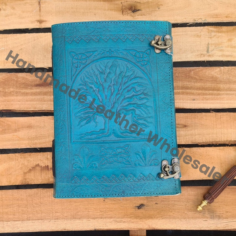 Large Tree of Life Leather Journal, Ocean Blue
