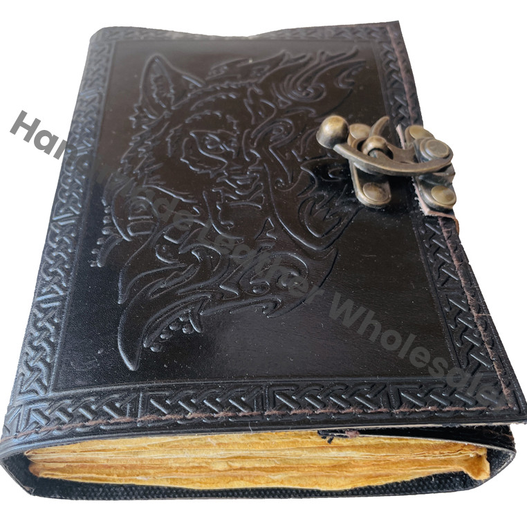 Large Wolf Vintage Leather Journal Grimoire Handmade Blank Spell Book of Shadows Gifts for Him Her Travel Planner Sketchbook