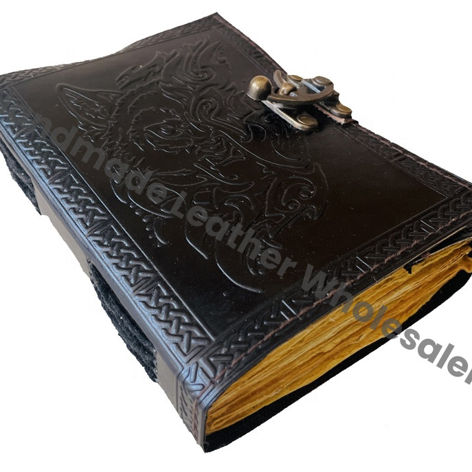 Large Wolf Vintage Leather Journal Grimoire Handmade Blank Spell Book of Shadows Gifts for Him Her Travel Planner Sketchbook