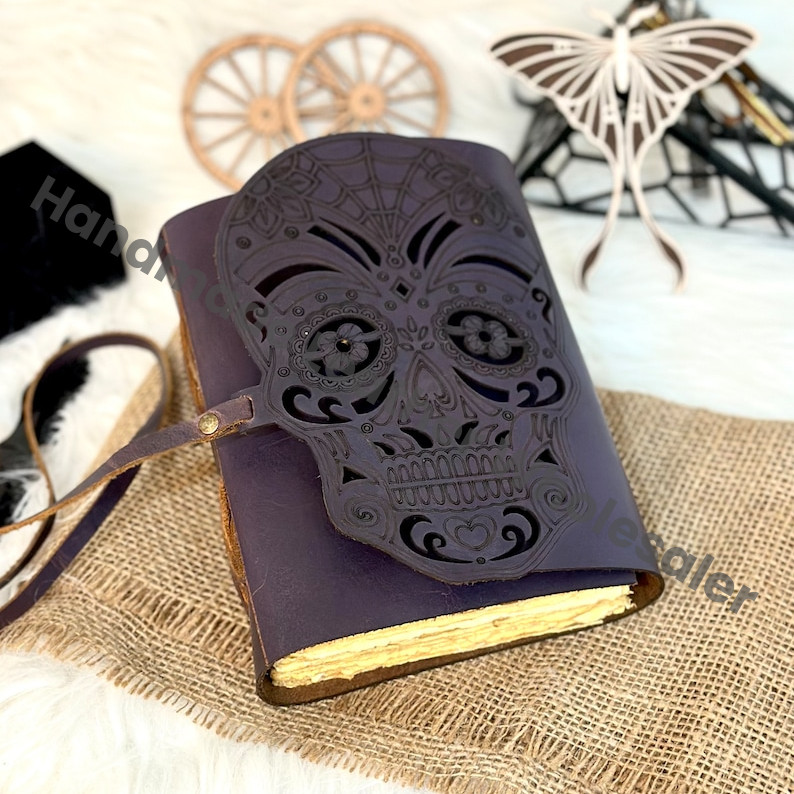Laser Cut Leather Skull Journal: Blank Book of Shadows, Wiccan Gift