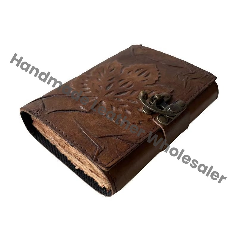Leaf Embossed Grimoire Leather Address Book Brown Color Handmade Unlined Eco-friendly Paper Best Gift for Men Women