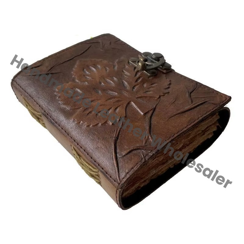 Leaf Embossed Grimoire Leather Address Book Brown Color Handmade Unlined Eco-friendly Paper Best Gift for Men Women