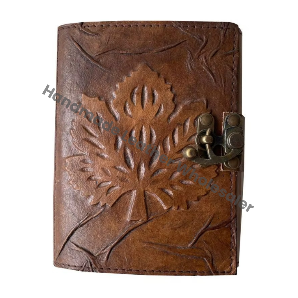 Leaf Embossed Grimoire Leather Address Book Brown Color Handmade Unlined Eco-friendly Paper Best Gift for Men Women