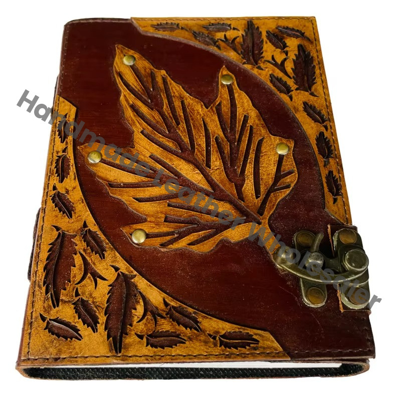 Leaf Leather Hardcover Journals Notebook Vintage Decor Brown Genuine Cover Deckle Pages Witch Spells C Lock Diary Antique Books