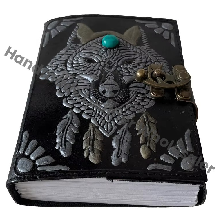 Leather Address Book Wolf Embossed Antique Handmade Leather Bound Eco-friendly Paper Black Best Gift for Men Women