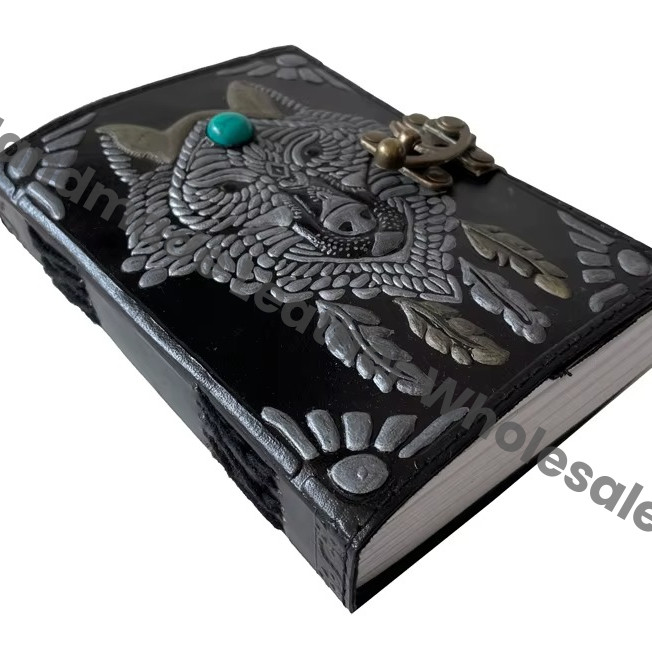 Leather Address Book Wolf Embossed Antique Handmade Leather Bound Eco-friendly Paper Black Best Gift for Men Women