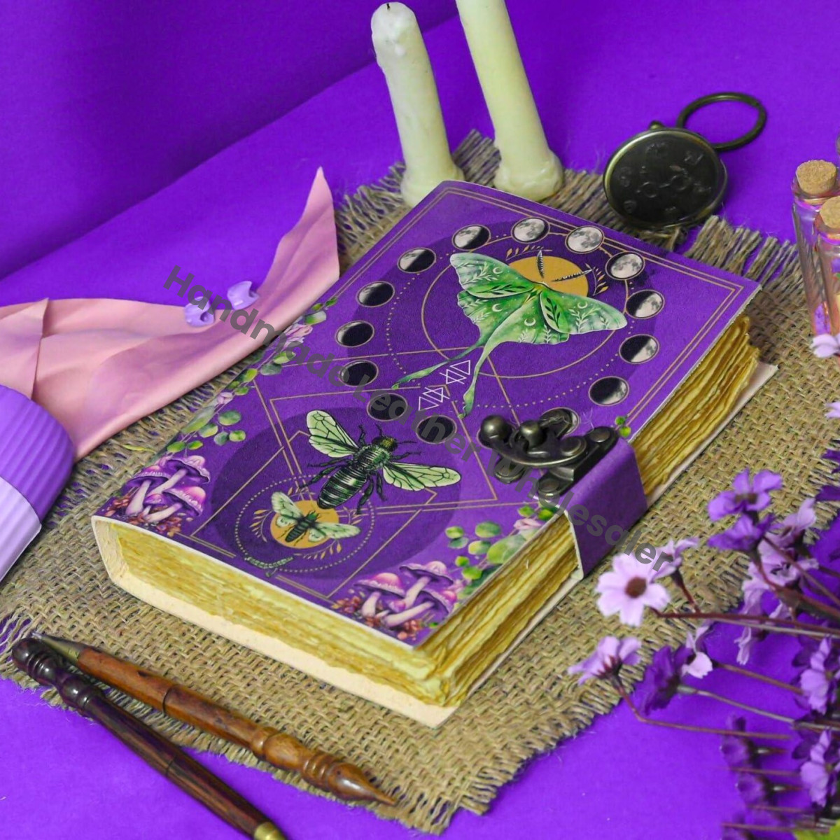 Leather Book of Spells: Luna Moth Journal, Deckle Edge Paper Grimoire