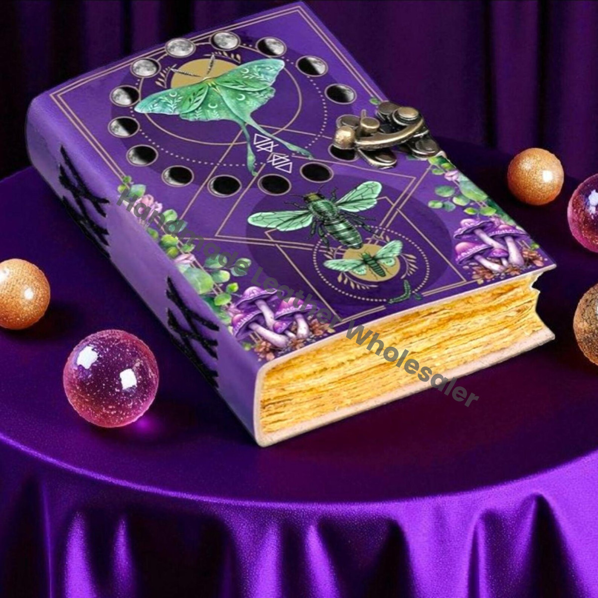 Leather Book of Spells: Luna Moth Journal, Deckle Edge Paper Grimoire