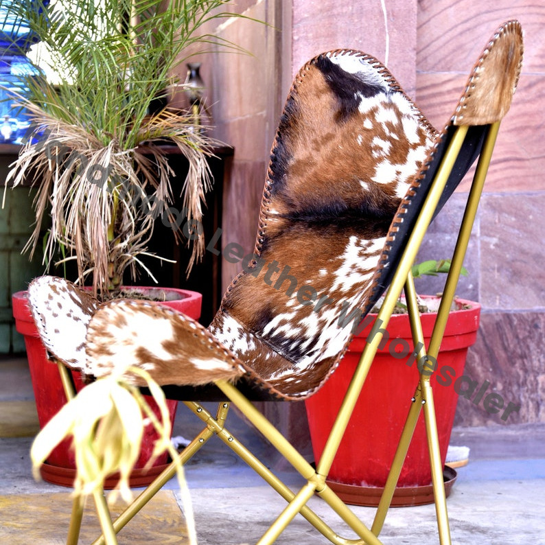 Leather Butterfly Chair: Vintage Cowhide Lounge, Golden Frame