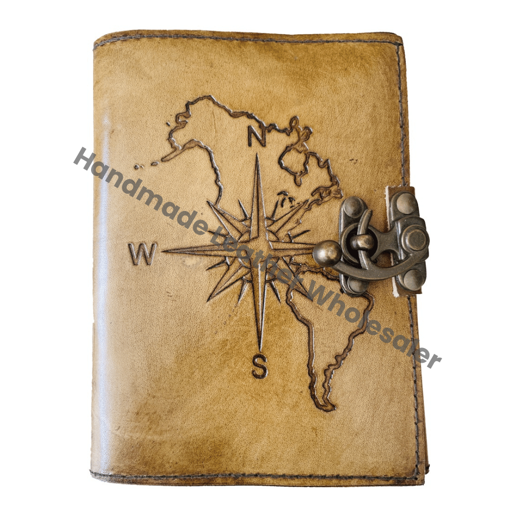 Leather Compass Embossed Journal Hardcover Diary With Metal Lock Brown Vintage Style Gift Vintage Charcoal Compass Embossed