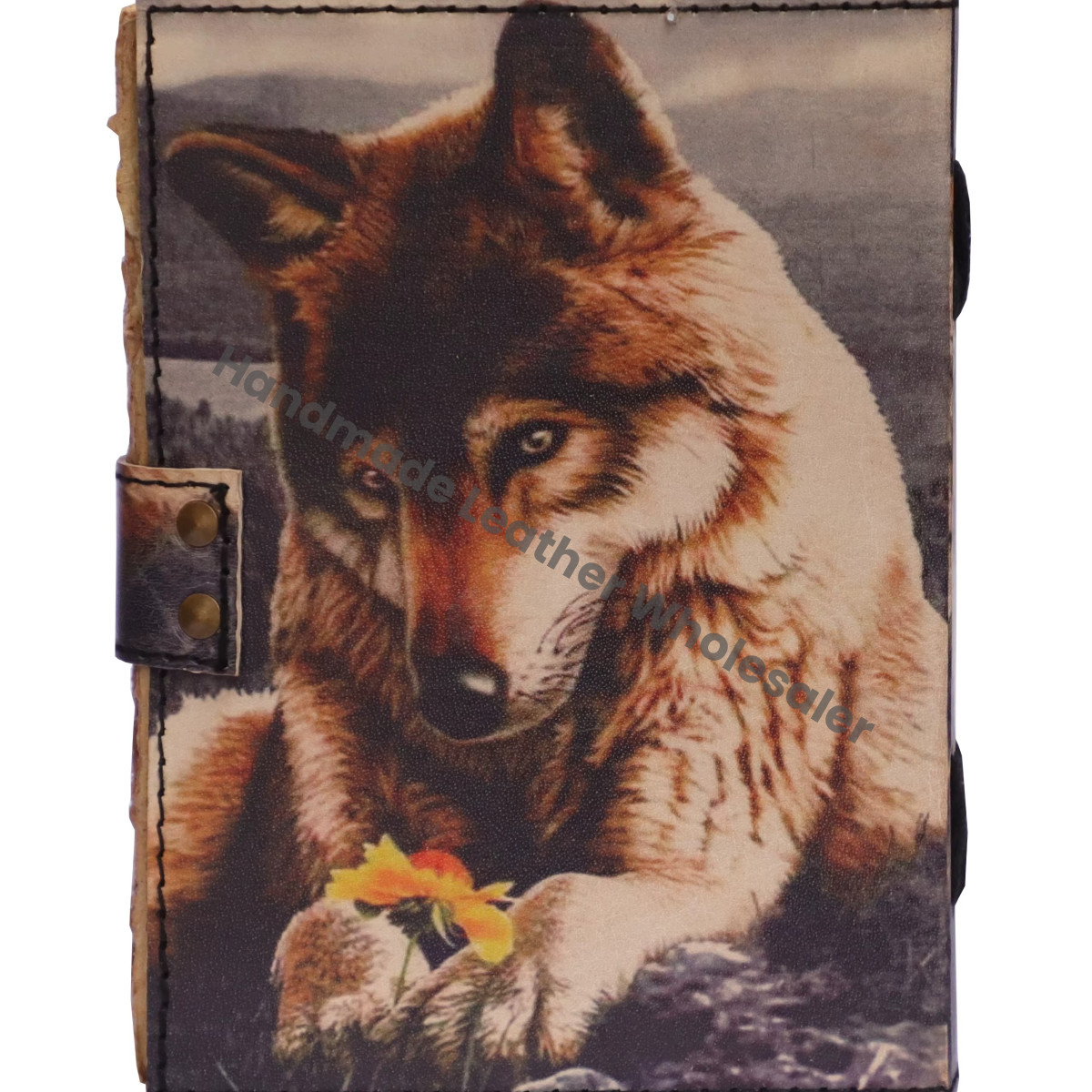 Leather Cover Handmade Notebook Sketchbook Howl Wolf Print Style Design Diary Vintage Deckle Edge Eco-friendly