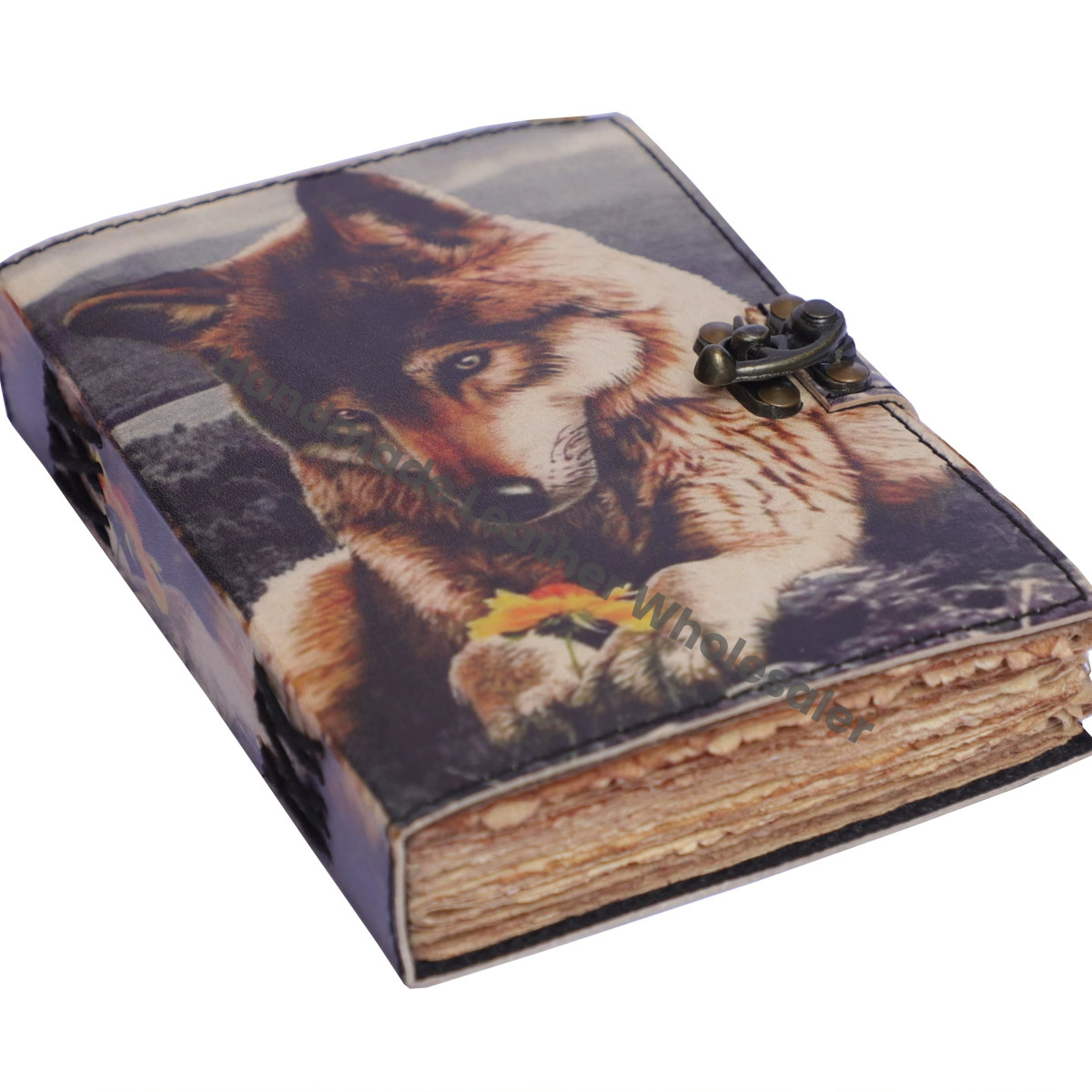 Leather Cover Handmade Notebook Sketchbook Howl Wolf Print Style Design Diary Vintage Deckle Edge Eco-friendly