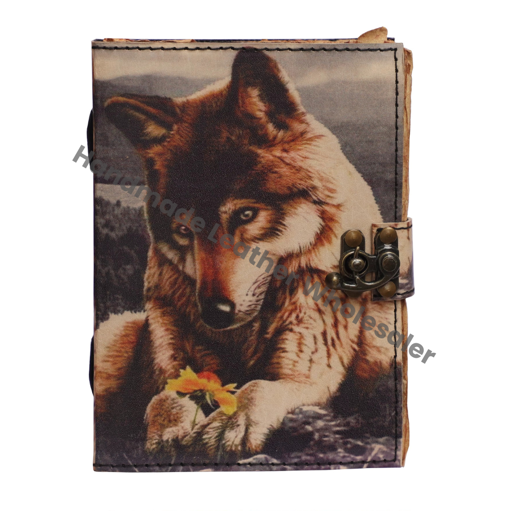 Leather Cover Handmade Notebook Sketchbook Howl Wolf Print Style Design Diary Vintage Deckle Edge Eco-friendly